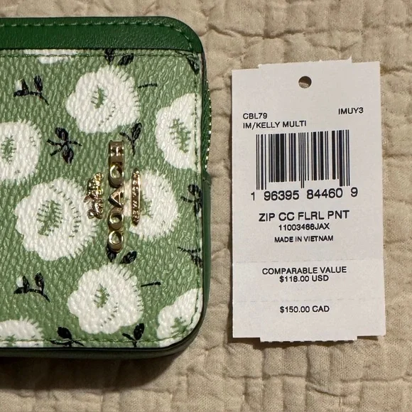 Coach Green Floral Zip Card Case